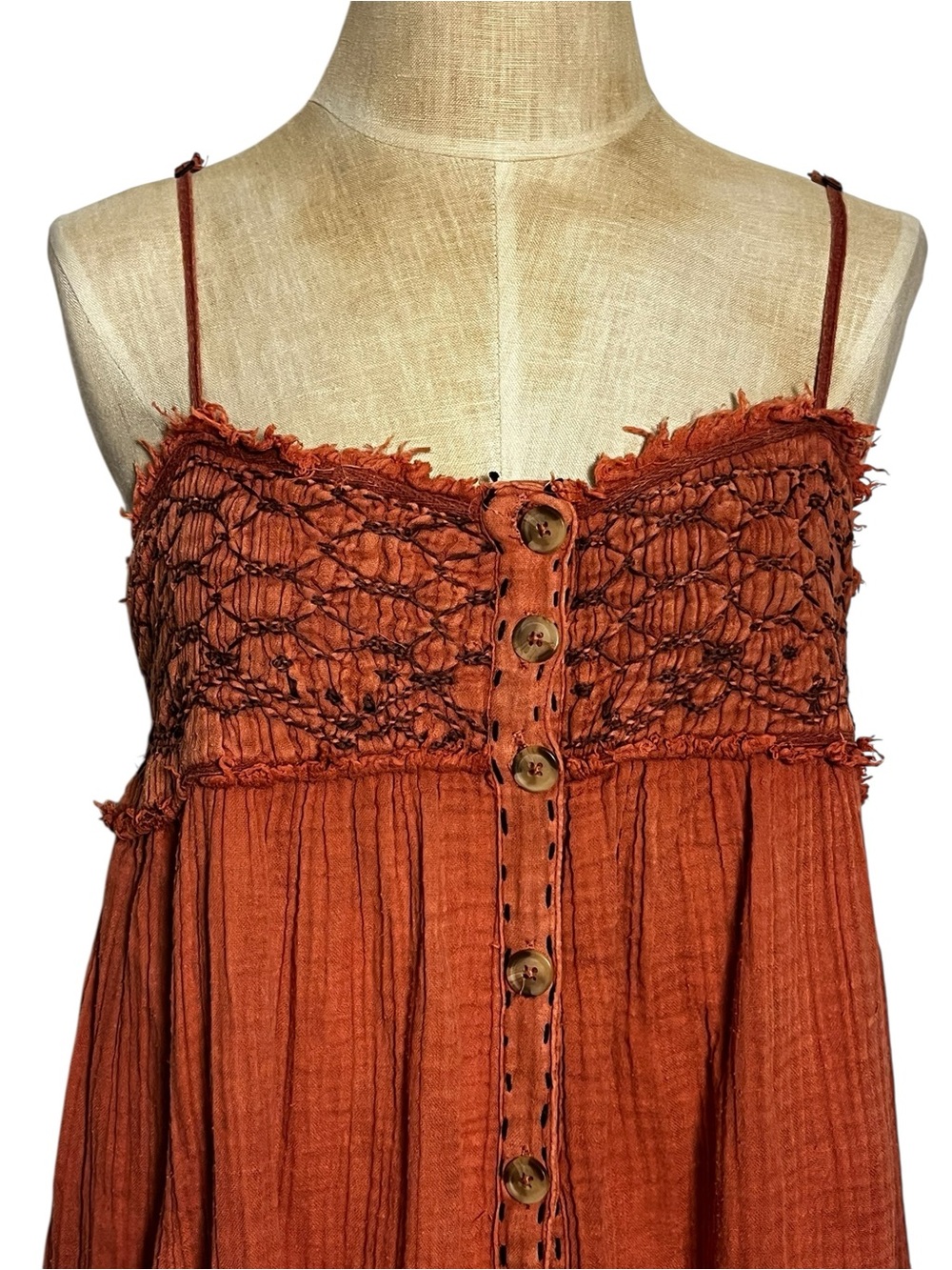 Free People Linda Jo Midi Dress Gauze Embroidered Button Front Rust L - Picture 6 of 15